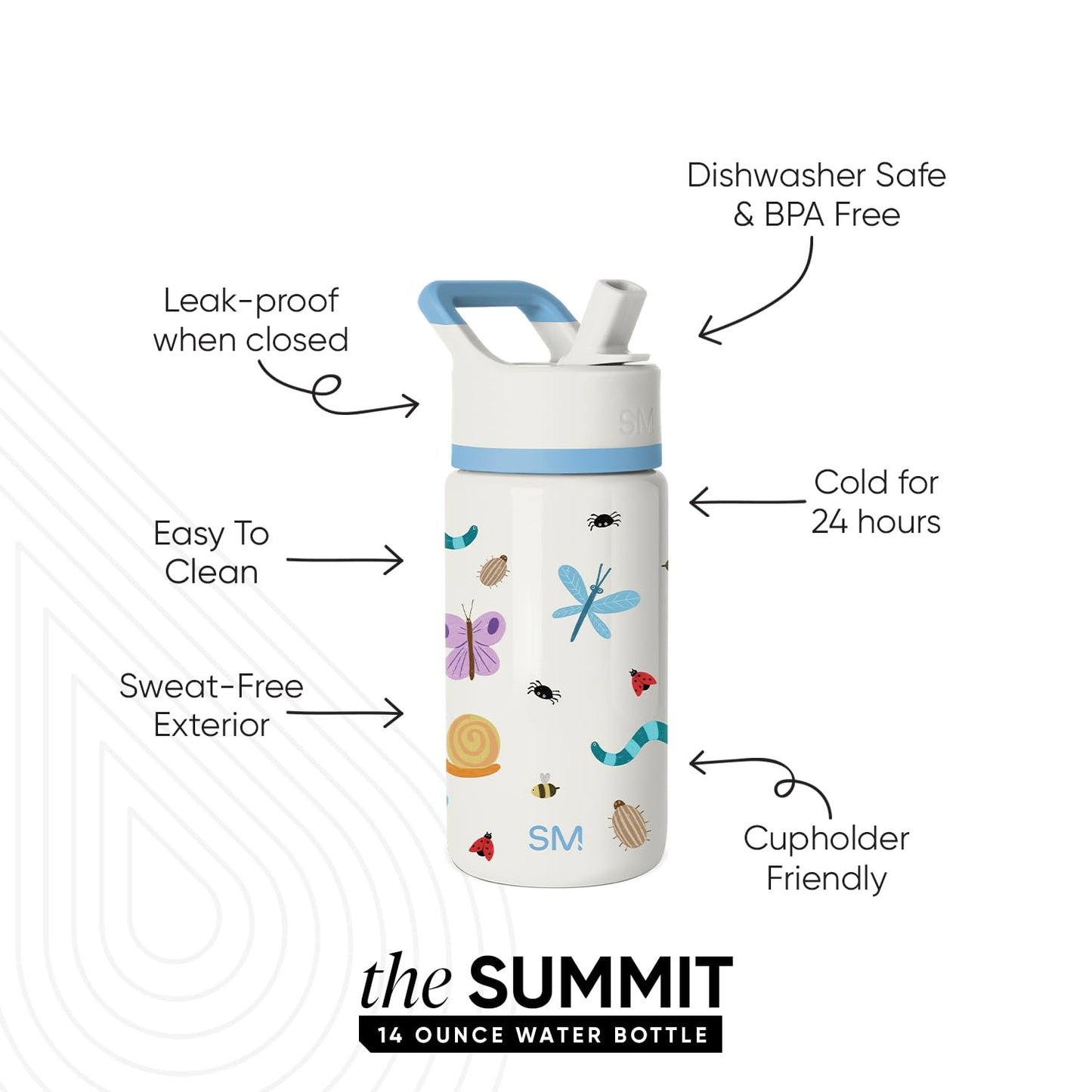 Simple Modern Kids Summit Water Bottle with Straw Lid | 14oz Stainless Steel Cup Insulated Tumbler for Toddlers, School | Cute Critters