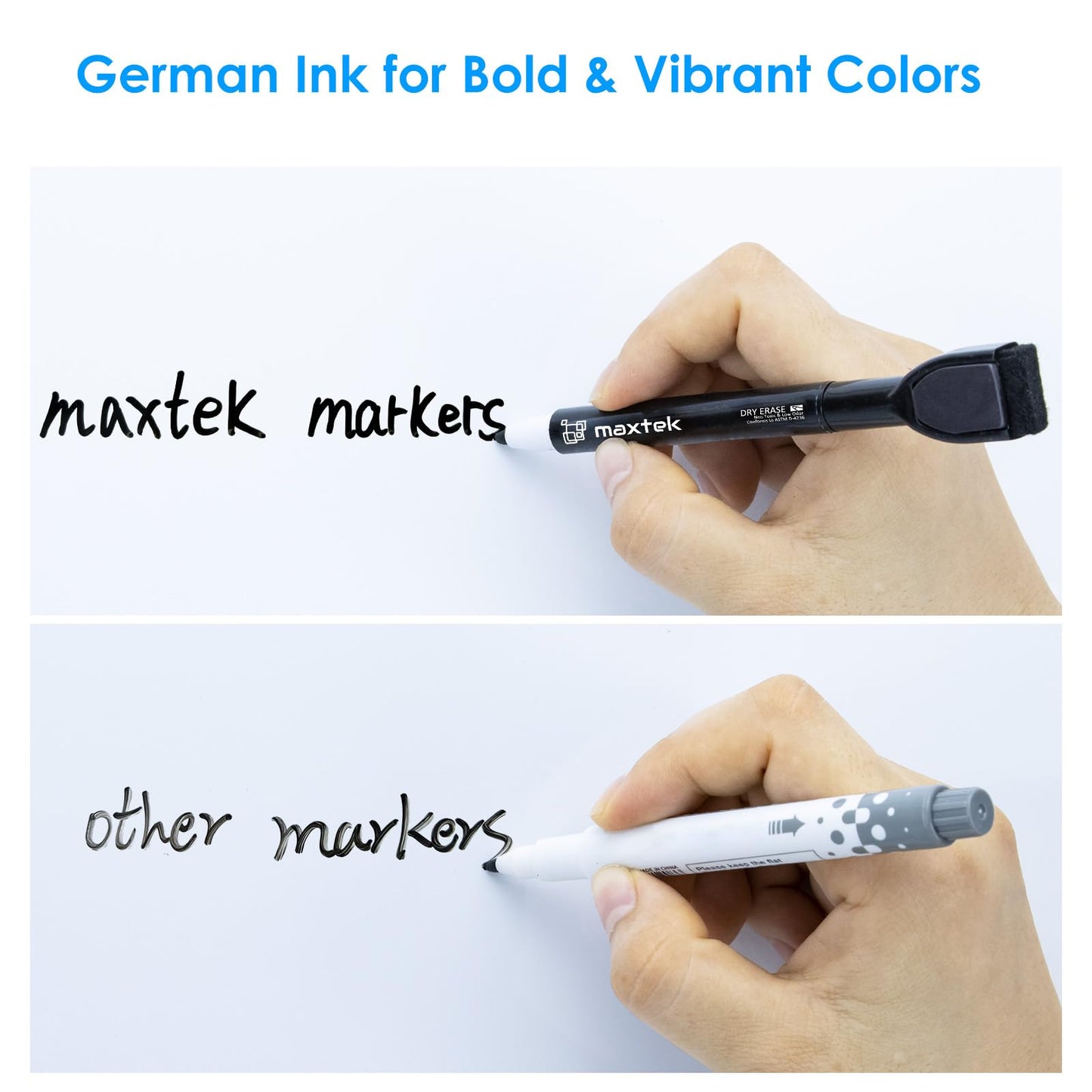 maxtek Magnetic Black Dry Erase Markers, 6 Count Fine Tip Whiteboard Markers with Eraser, Thin Markers Low Odor for Classroom, Office, Home