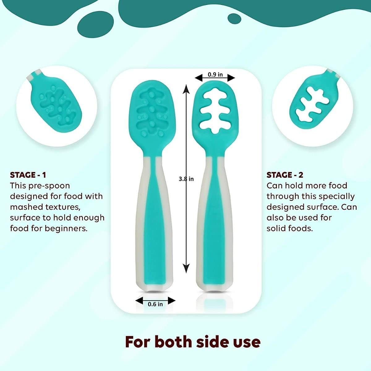 Skiennix Baby Spoons - Silicone Pre-Spoons for 6+ Months | Perfect for Baby-Led Weaning - Set of 2, Teal/White