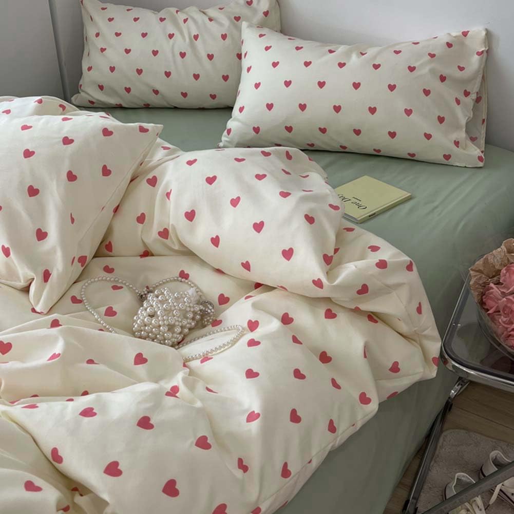 Nayoroom Heart Duvet Cover Queen Size Kawaii Pink Heart Printed on Cream White Bedding Set 3Pcs Kids Girls Cute Heart-Shaped Pattern Comforter Cover with Zipper Closure Soft Breathable Microfiber