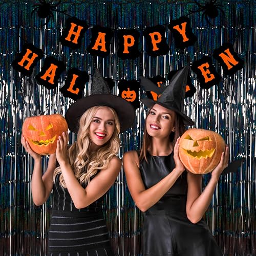 Melsan Halloween Party Decorations Tinsel Backdrop Streamers, Black Foil Fringe Curtains 3.2 ft x 8.2 ft for Halloween New Year Graduations Party Photo Booth Props Decorations, 2 Pack