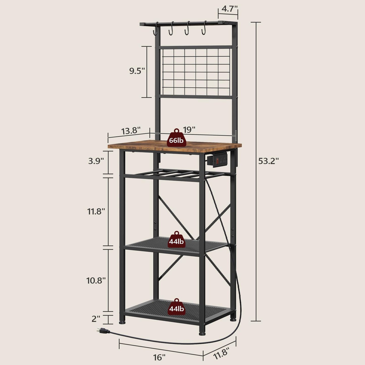 MAHANCRIS Bakers Rack with Power Outlet, Coffee Bar Station with Wine Rack, Bakers Racks for Small Spaces, Microwave Stand for Kitchen, Rustic Brown and Black BRHR23E01