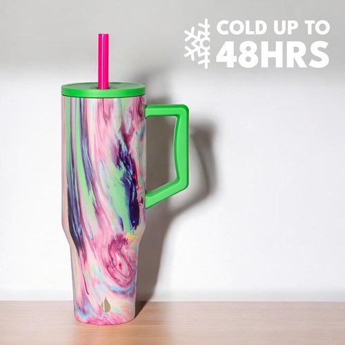 Elemental 40 oz Tumbler with Handle and Straw - Spill Proof Insulated Stainless Steel Commuter for Cold Beverages - Travel Coffee Mug with 2 Straws & Spill Proof Lid - 40oz - Aurora Dream