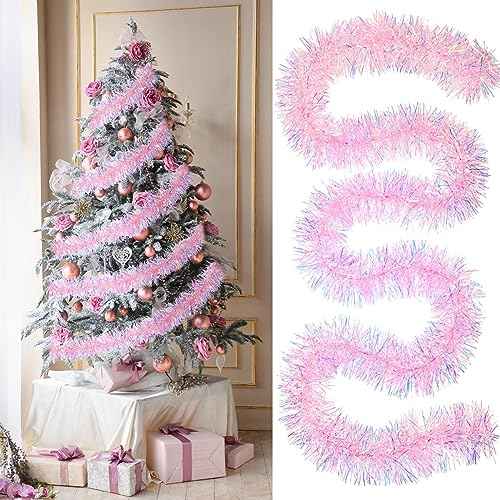Pink Tinsel Garland Pink Glittering Decoration Metallic Garland for Valentine Birthday Wedding Party Easter Halloween Holiday Festivities Indoor Outdoor Home Christmas Decor Supplies (17 ft)