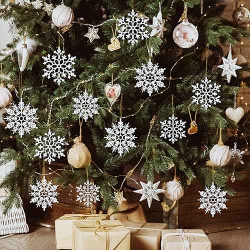 42pcs White Snowflake Ornaments - Christmas Tree Decorations, Hanging Snowflake Decor, Plastic Glitter Snow Flakes for Christmas, Winter, Party