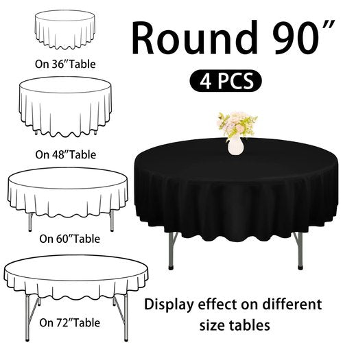 JALANCY 4 Pack Round Tablecloth 90 Inch Black Polyester Washable Fabric Table Covers for Wedding Dining Table Buffet Parties Banquet Decor