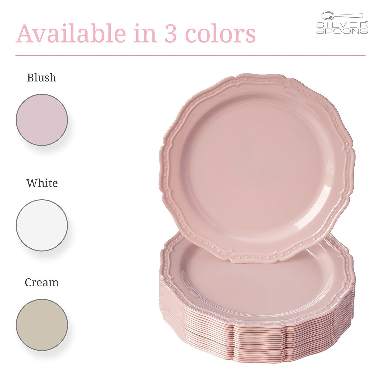 CountrySide Vintage Embossed Blush Plastic Dessert Plates for Party (20 PC) Heavy Duty Disposable Dinner Set 7.5", Fine China Look Dishes and Perfect Disposable Plates for Baby Showers, Weddings etc