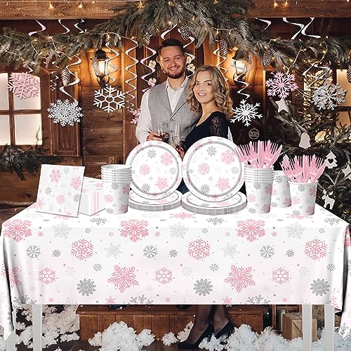 Pink Snowflake Winter Wonderland Disposable Party Tableware Set 142pcs