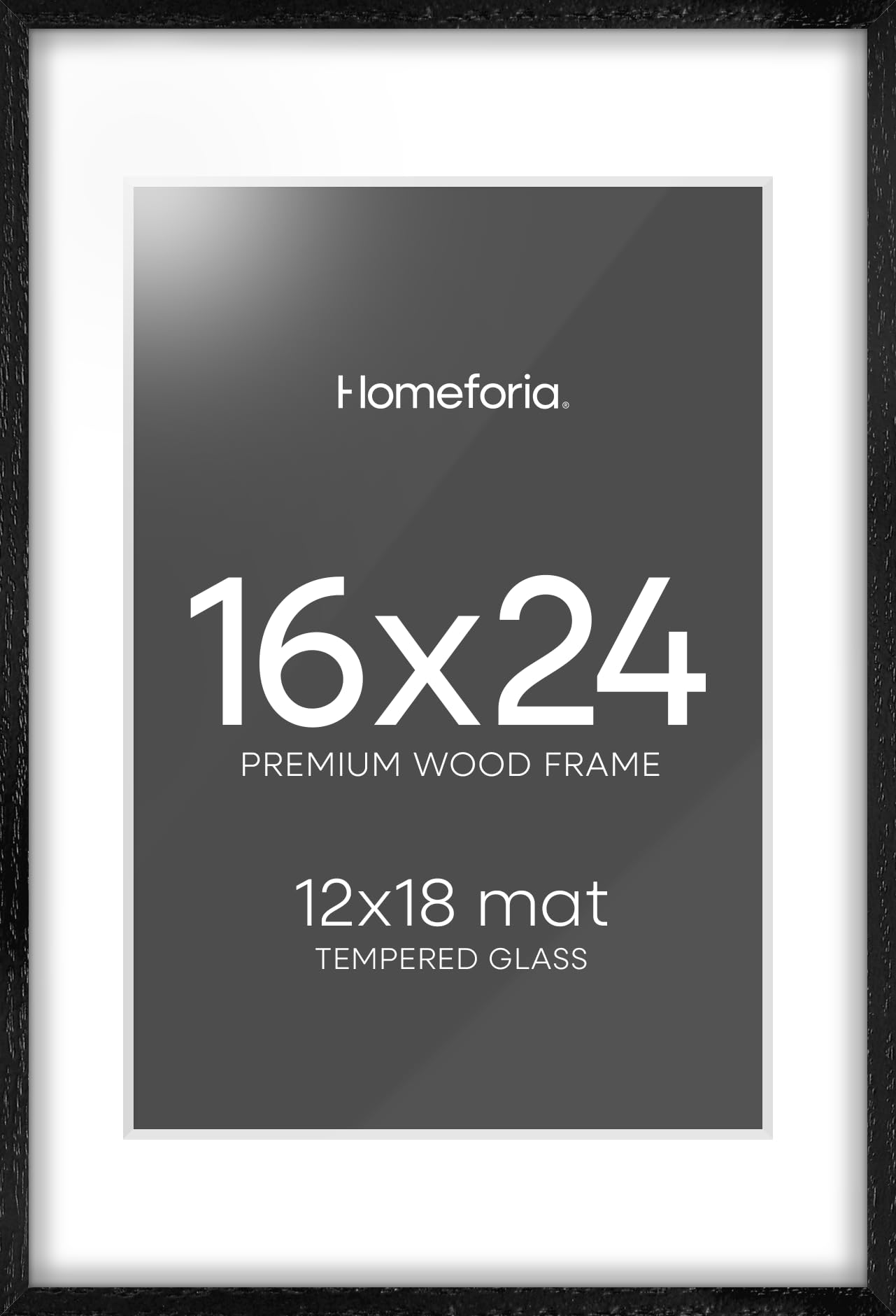 Homeforia 16x24 Black Wood Frame, High End Oak 16x24 Picture Frames with Mat 12x18 Photo, 16 x 24 Wooden Poster Frame Matted to 12 by 18 Print, 24x16 Hanging Frames, Tempered Glass, Wall Kit, Set of 1