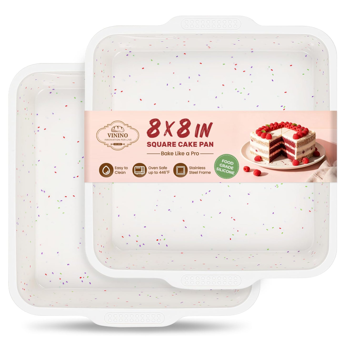 Vinino 8 x 8 Inch Silicone Square Brownie Cake Pan with Metal Reinforced Frame Set of 2, Nonstick Silicone Brownie Pans BPA Free Suitable for Making Cakes, Brownies, Bread