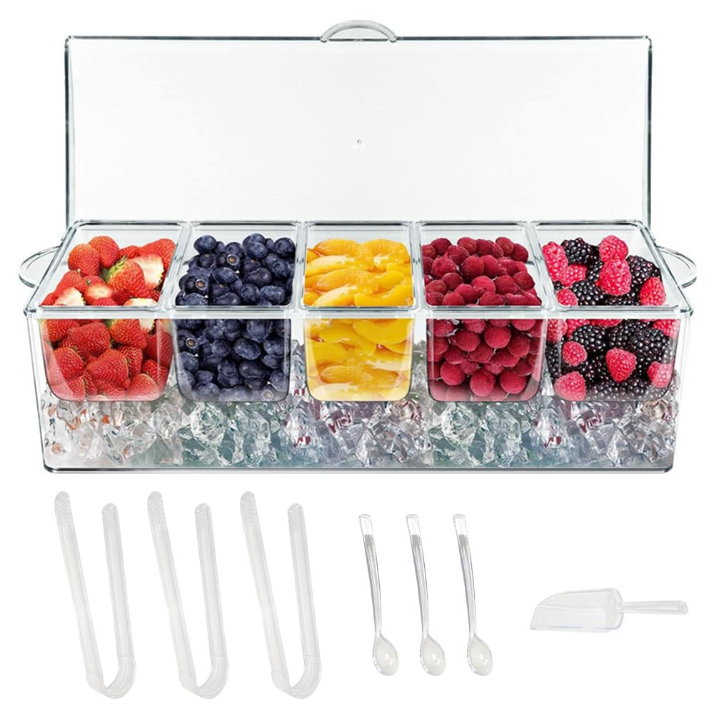 LucaSng Condiment Containers Server with Lid,Ice Tray,Condiment Organizer,Chilled Caddy,Bar Garnish Holder on Ice,Dispenser,Salad Platter for Parties and Restaurants, White