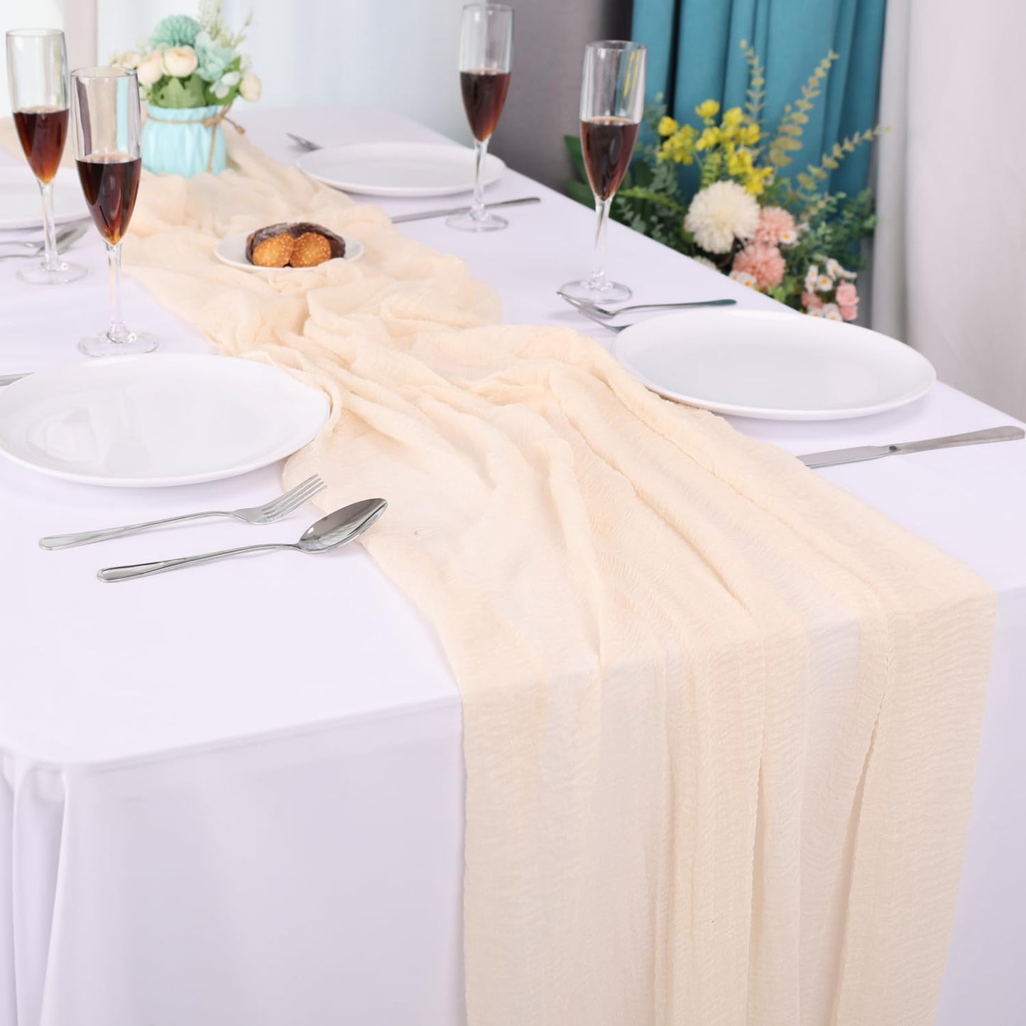 10ft Cheesecloth Table Runner, 1 Pack 120-Inch Boho Bubble Gauze Table Runner, Ivory Rustic Sheer Fabric for Wedding, Bridal Baby Shower, Spring Party Table Decor