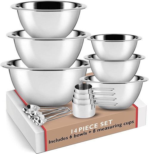 EATEX Stainless Steel Mixing Bowls - Set of 6 Nesting Bowls with Measuring Cups & Spoons | Ideal for Cooking & Baking