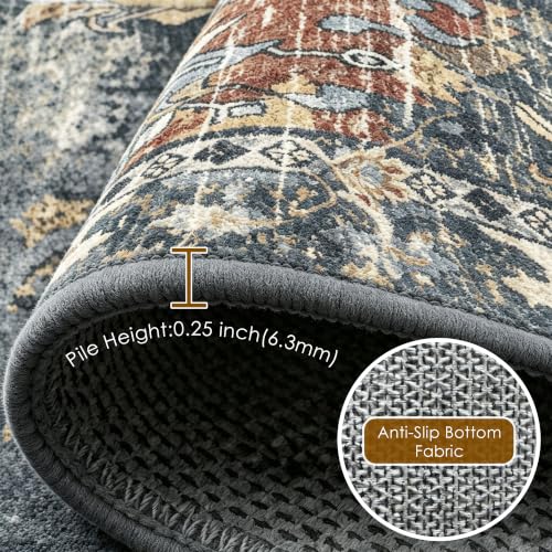 Washable Area Rug - Vintage Tribal Design, Non-Slip Water-Resistant, 6' x 9', Rust - Perfect for Living Room & Bedroom