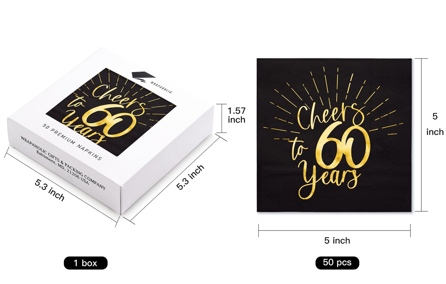WRAPAHOLIC 50Pcs 60th Birthday Napkins - 3-Ply Disposable Paper Cocktail Napkin, Black and Gold Foil Cheers to 60 Years - 5 x 5 In