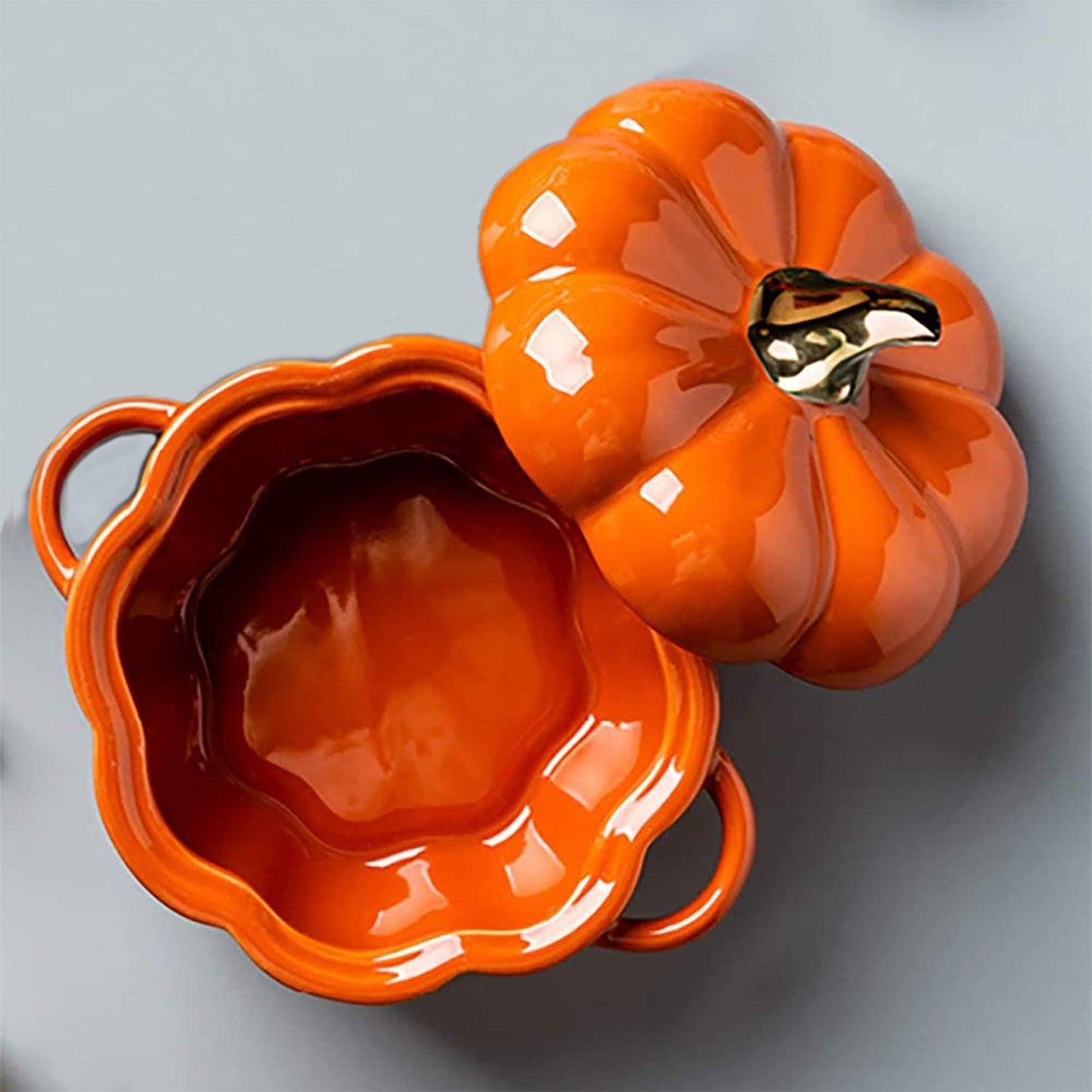 Regine Switzerland Pumpkin Bowl Set - 4 Ceramic Ramekins with Lid & Handle | Oven Safe, 14 Oz (Orange)