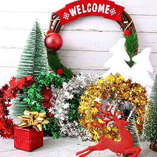 Boao 4 Rolls Christmas Star Wired Garland Xmas Metallic Glitter Star Tinsel Silver Golden Green Red Tinsel Garlands Christmas Tree Party Decorations, 98.4ft