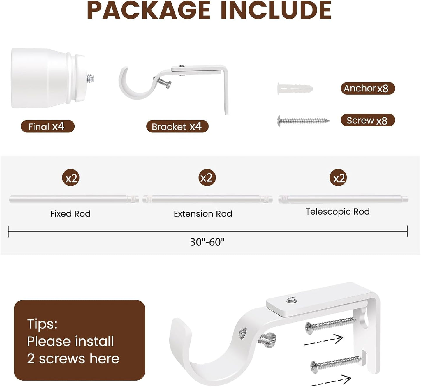 Skiennix 1” Diameter Adjustable Curtain Rods - Heavy Duty 30-60 Inch, Matte White, 2 Pack for 30-54 Inch Windows