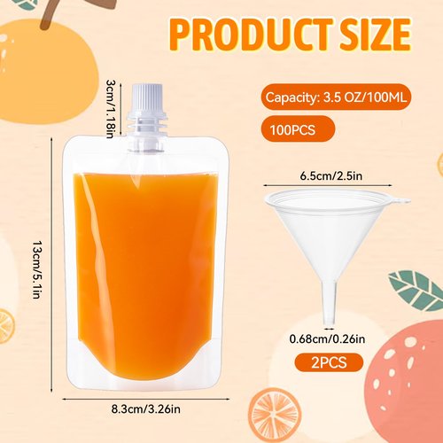 100 PCS Portable Plastic Pouches Bulk Reusable Plastic Juice Pouch Clear PET Squeeze Liquid Pouches Leak Proof Water Drink Bags with 2 Foldable Silicone Funnels for Women Men Party Travel, 3.5 Oz