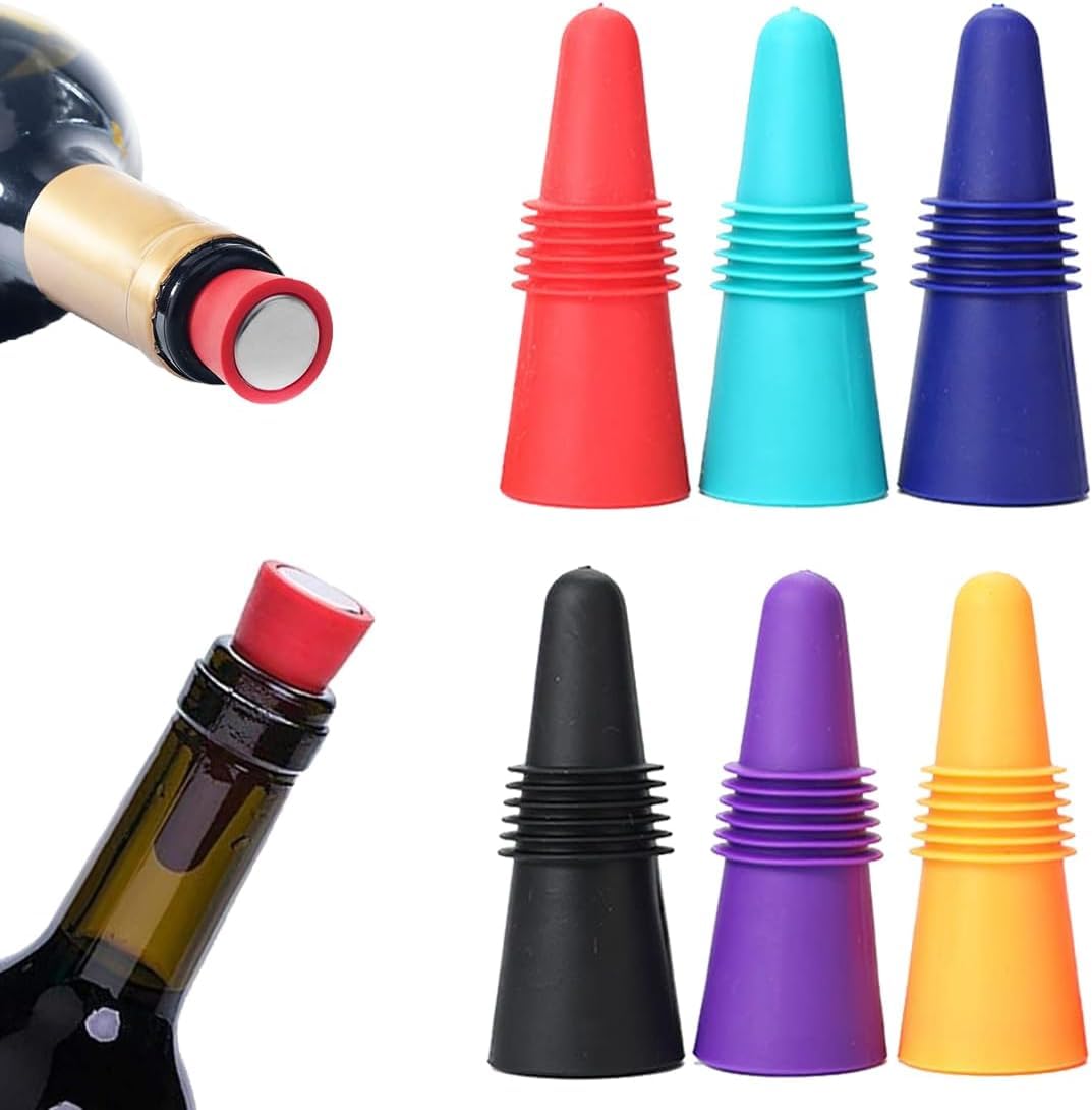 Wine Stoppers – 6 Pack Silicone Wine Bottle Stoppers with Grip Top, Reusable Beverage Sealer Corks for Keeping Wine and Champagne Fresh