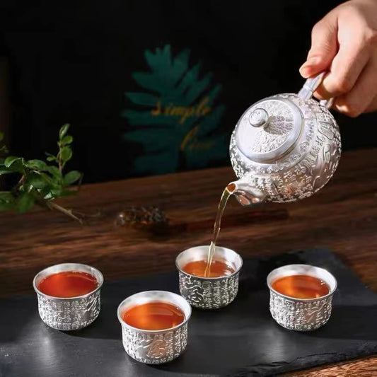 CHANJOON Baifu 999 sterling silver tea set, traditional Chinese craft kung fu tea set, equipped with four tea cups, can be used for afternoon tea or coffee (baifu silver set)