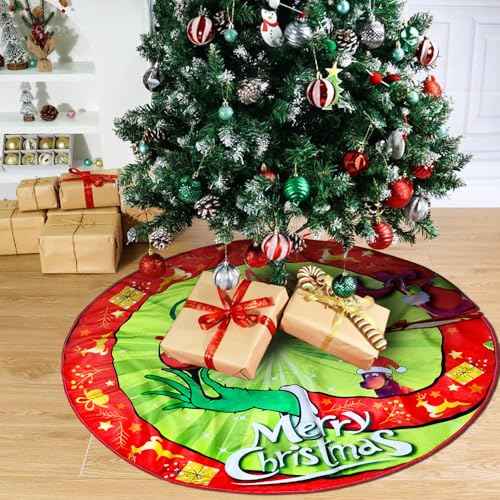Christmas Tree Skirt Red & Green Merry Christmas Tree Collar Soft Farmhouse Xmas Monster Holiday Decoration (36 INCHES)