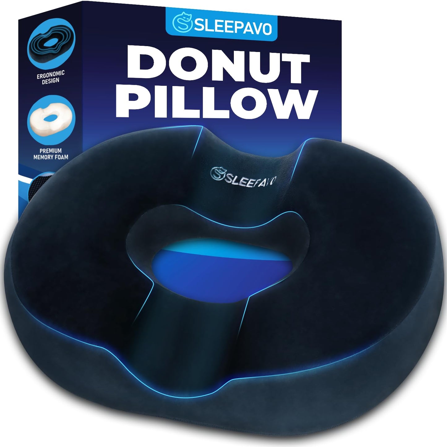 Sleepavo Butt Donut Pillow for Tailbone Pain Relief Cushion Medium - Hemorrhoid Pillows - Sitting Butt Pillow for Office Chair, Travel, Car, Coccyx, Sciatica, Postpartum Sitting Donut Seat Cushion