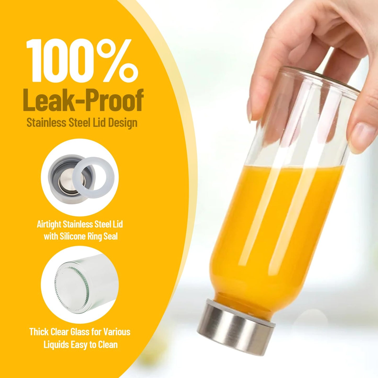 Luxfuel Glass Juice Bottles with Lids 10oz, 6 Pack Reusable Glass Water Bottle with Stainless Steel Caps & Straws, Leak Proof, BPA-Free – Small Juice Bottles for Juicing, Smoothies & Fridge Storage