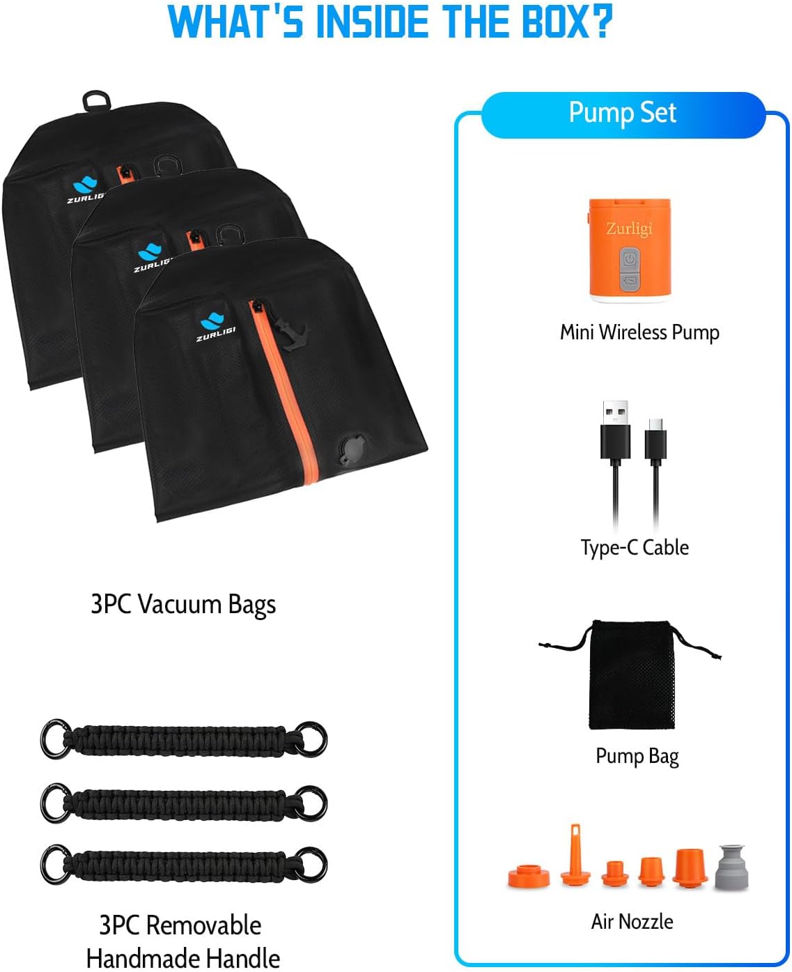 Zurligi Vacuum Compression Bags - IPX8 Waterproof Packing Cubes | Reusable 39L Travel Bags (3-Pack Black)