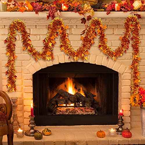 CCINEE 33FT Thanksgiving Tinsel Garland,Maple Leaf Metallic Twist Garland Decor for Fall Party Decoration,Gold & Copper