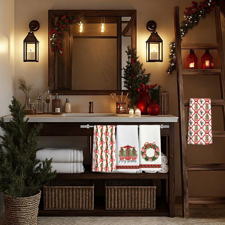 LUKIPOM Chinoiserie Red Xmas Kitchen Towels Set of 4 | 16x24 Inch, Coquette Bow Stripes