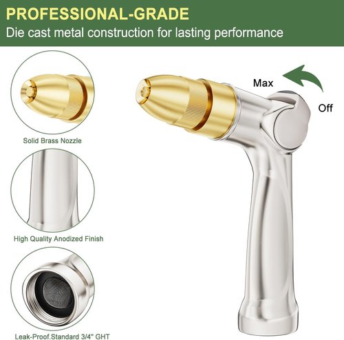 FANHAO Heavy Duty Garden Hose Nozzle - 100% Metal Thumb Control with Brass Tip | Adjustable High Pressure Sprayer