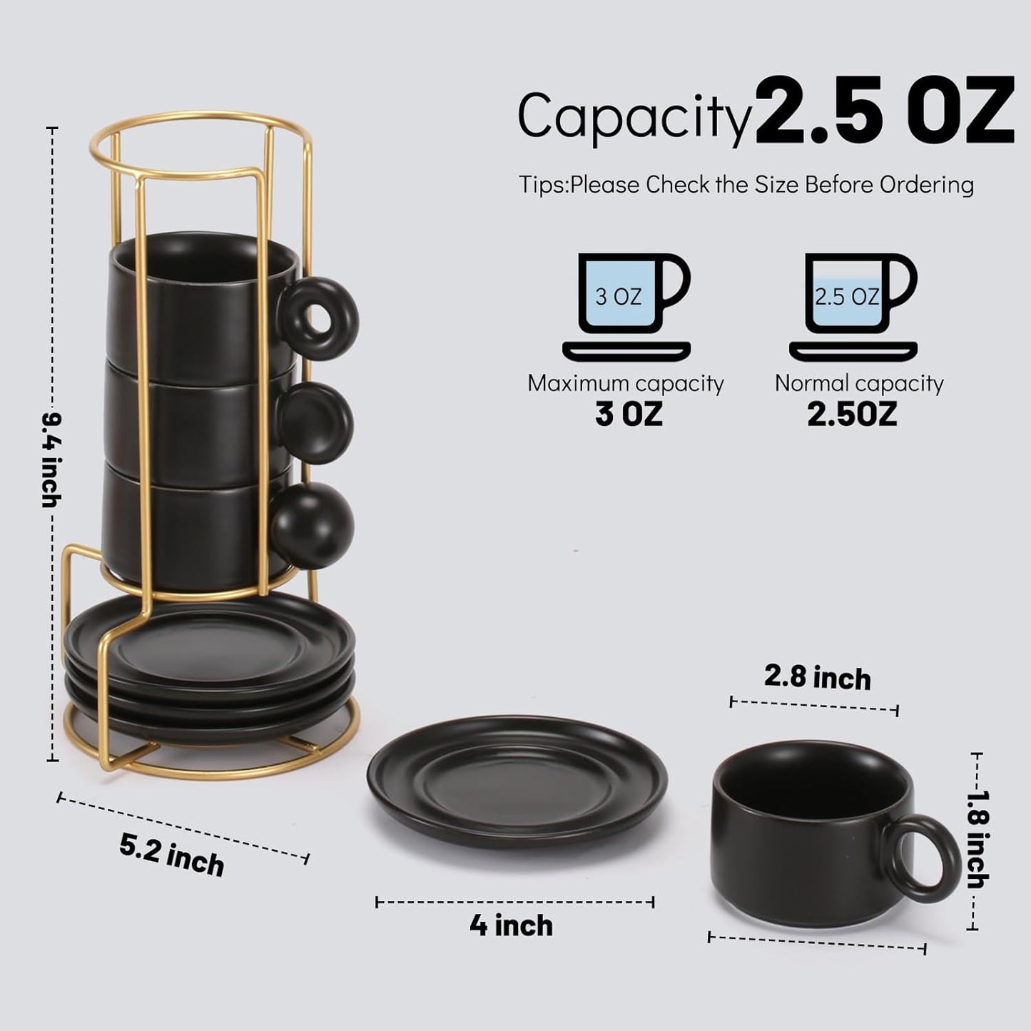 LURRIER Porcelain Espresso Cups Set - Stackable 3 Ounce Ceramic Mugs with Saucer & Metal Stand | Black (Set of 4)
