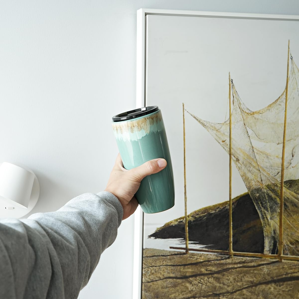 Bosmarlin Ceramic Travel Coffee Cup with Lid, 21 oz, Portable Coffee Mug for Car Cup Holder, Microwave Safe, Reactive Glaze (Peacock Blue)