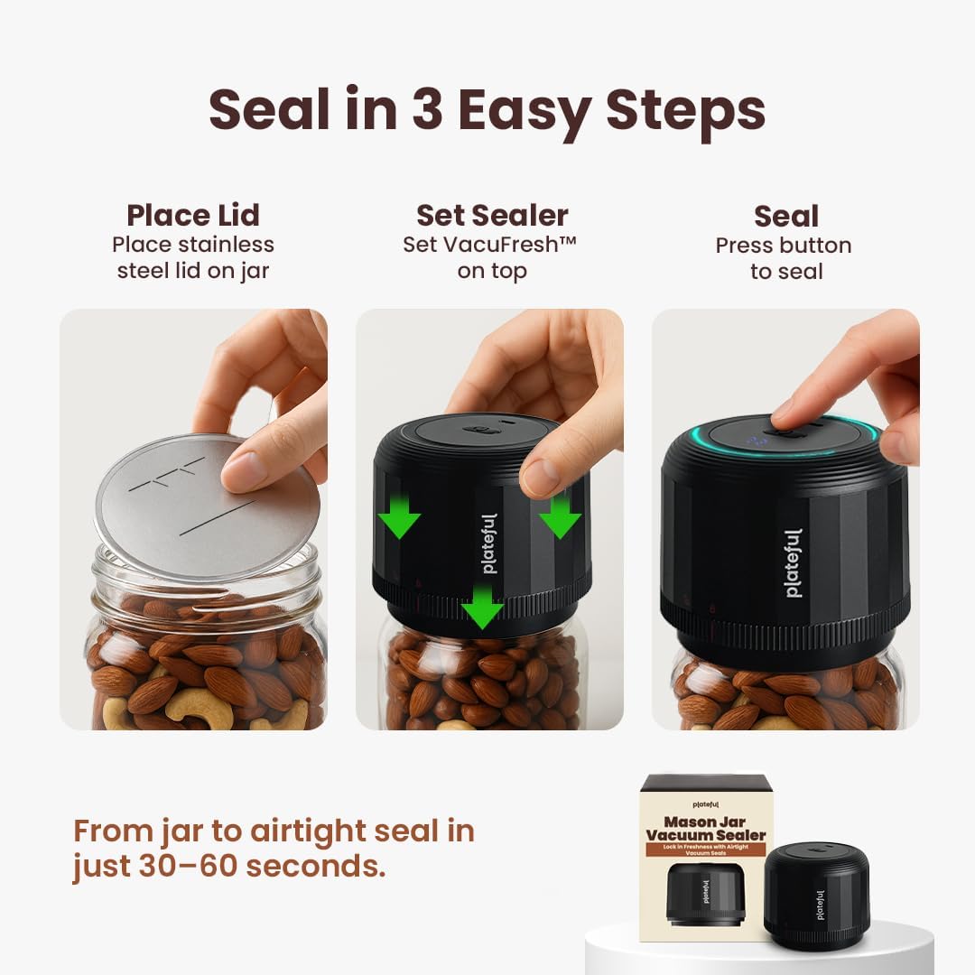 Plateful Electric Mason Jar Vacuum Sealer Kit - Portable Food Storage for Wide & Regular Mouth Jars, Includes Lids & Charger
