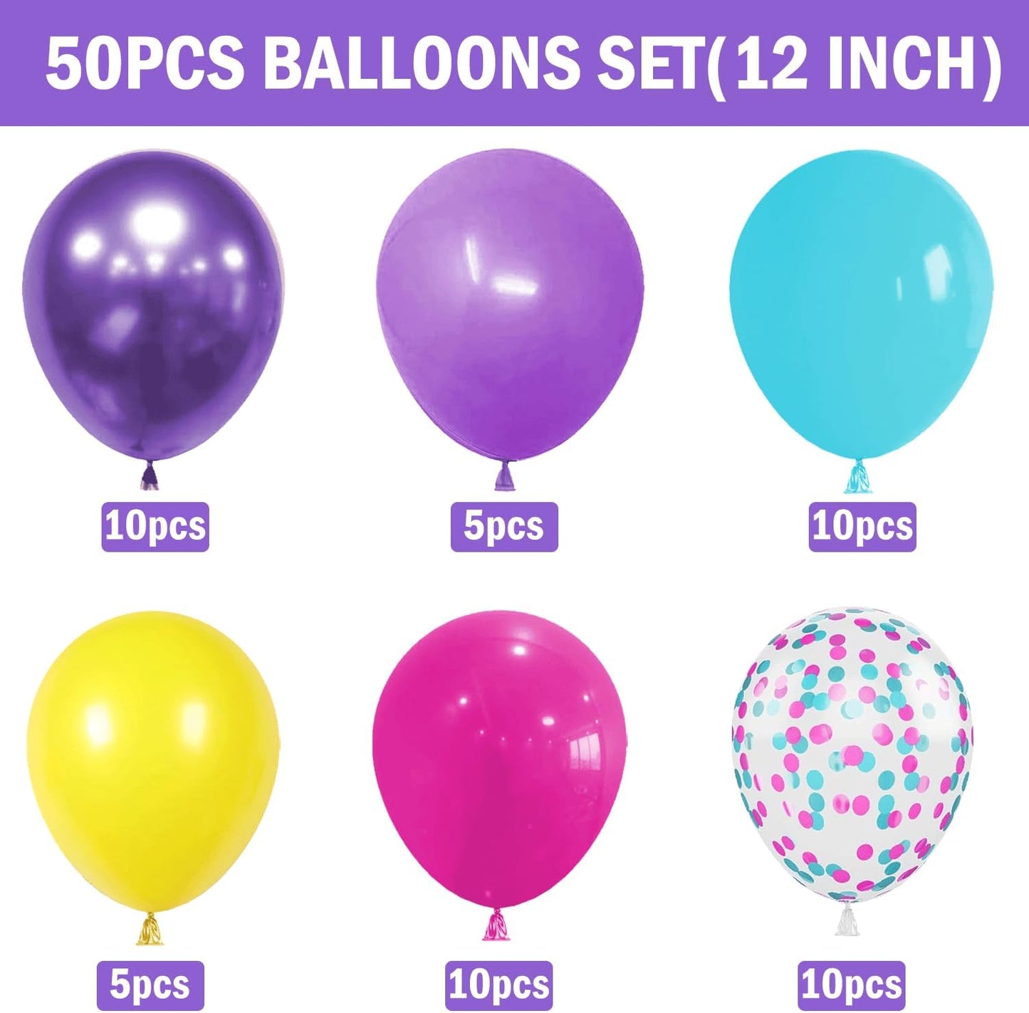 Skiennix 50 Pcs 12-Inch Pink, Blue & Purple Balloons - Metallic Confetti for Birthday & Baby Shower Decor