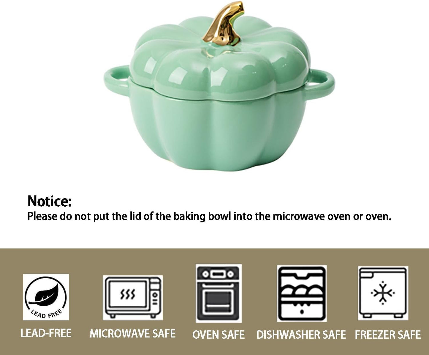 Pumpkin | 14 Oz Ceramic Ramekin Set with Lid & Handle - Oven Safe Stoneware for Baking (Green)