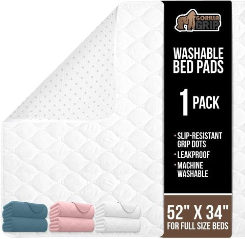 GORILLA GRIP Washable Underpads - Waterproof, Heavy Absorbency Bed Pads | 52x34 Slip Resistant for Incontinence & Bedwetting, White