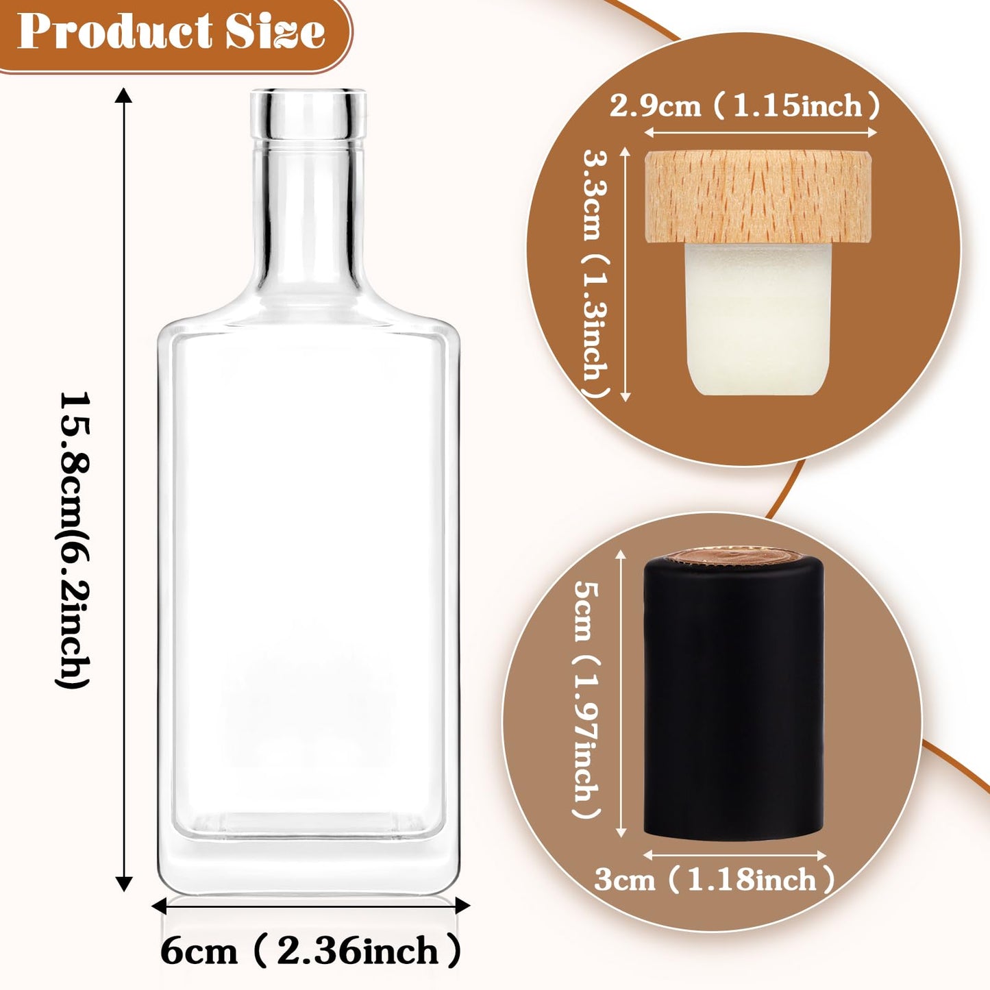 Liengoron 6Pack 8 oz Glass Bottles with Lid 250 ml Clear Empty Bottles with Cork Square Glass Bottle with Cap for Liquor Vodka Brandy Whiskey Beer Water Soda