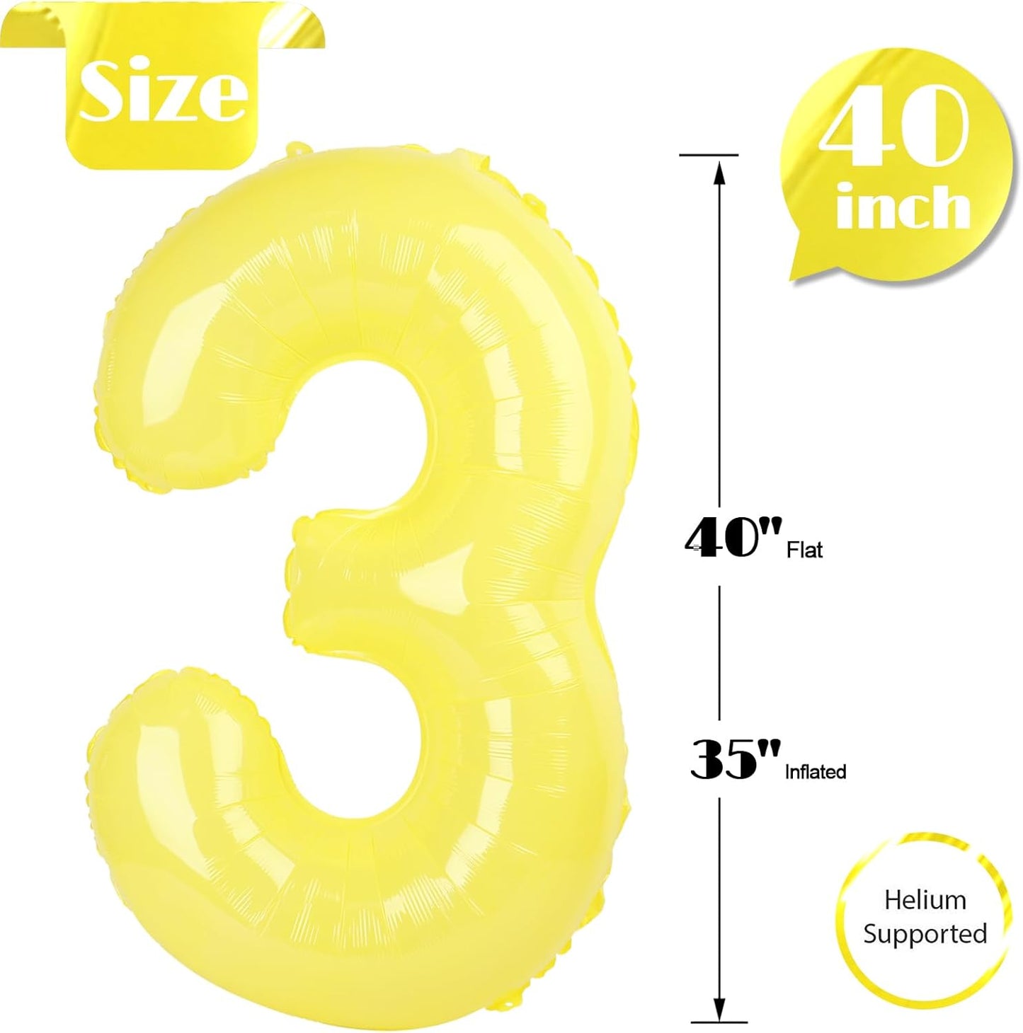 Yellow Number 3 Balloon - 40 Inch 3rd Birthday Celebration Decor for Kids & Adults