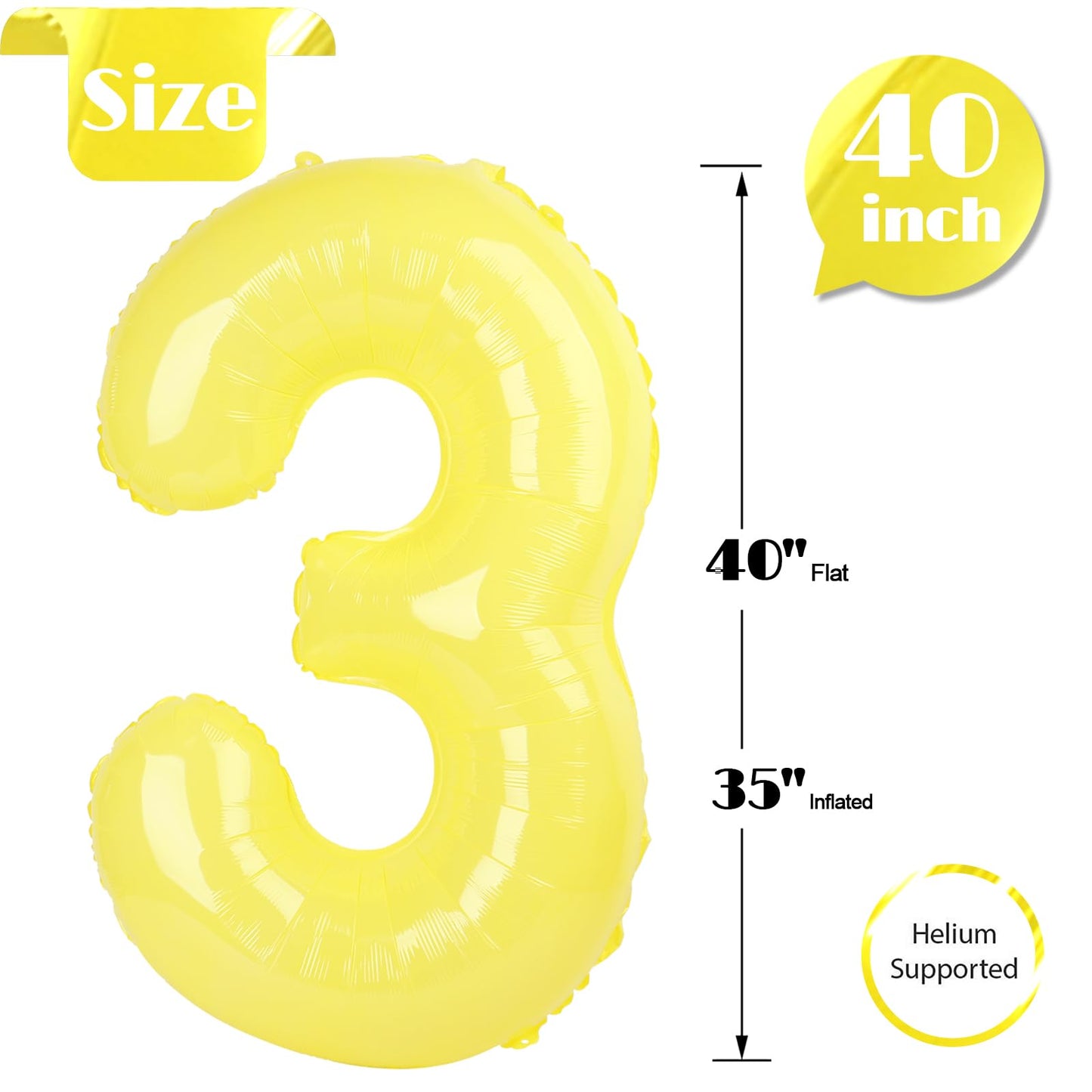 Yellow Number 3 Balloon 40 Inch, 3rd Birthday Celebration Supplies for Girls Boys Women Men, 3 Balloon for Girls Boys Theme Party