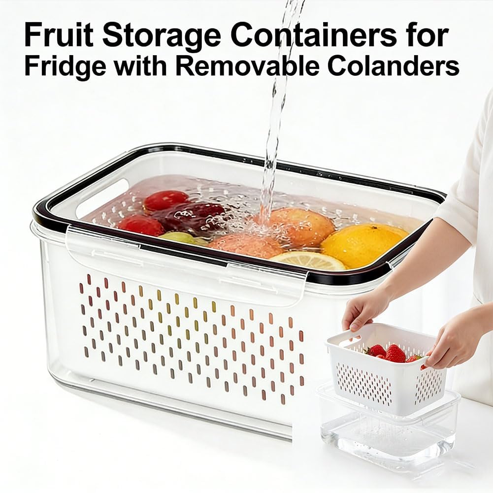 Skiennix Fruit Storage Containers - Transparent Plastic with Removable Colanders | 4-in-1 Vegetable Box (Gray, S+M)