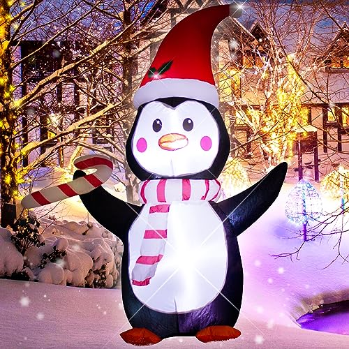 AJY 4FT Inflatable Christmas Penguin with Candy Cane & LED Lights - Holiday Yard Decor