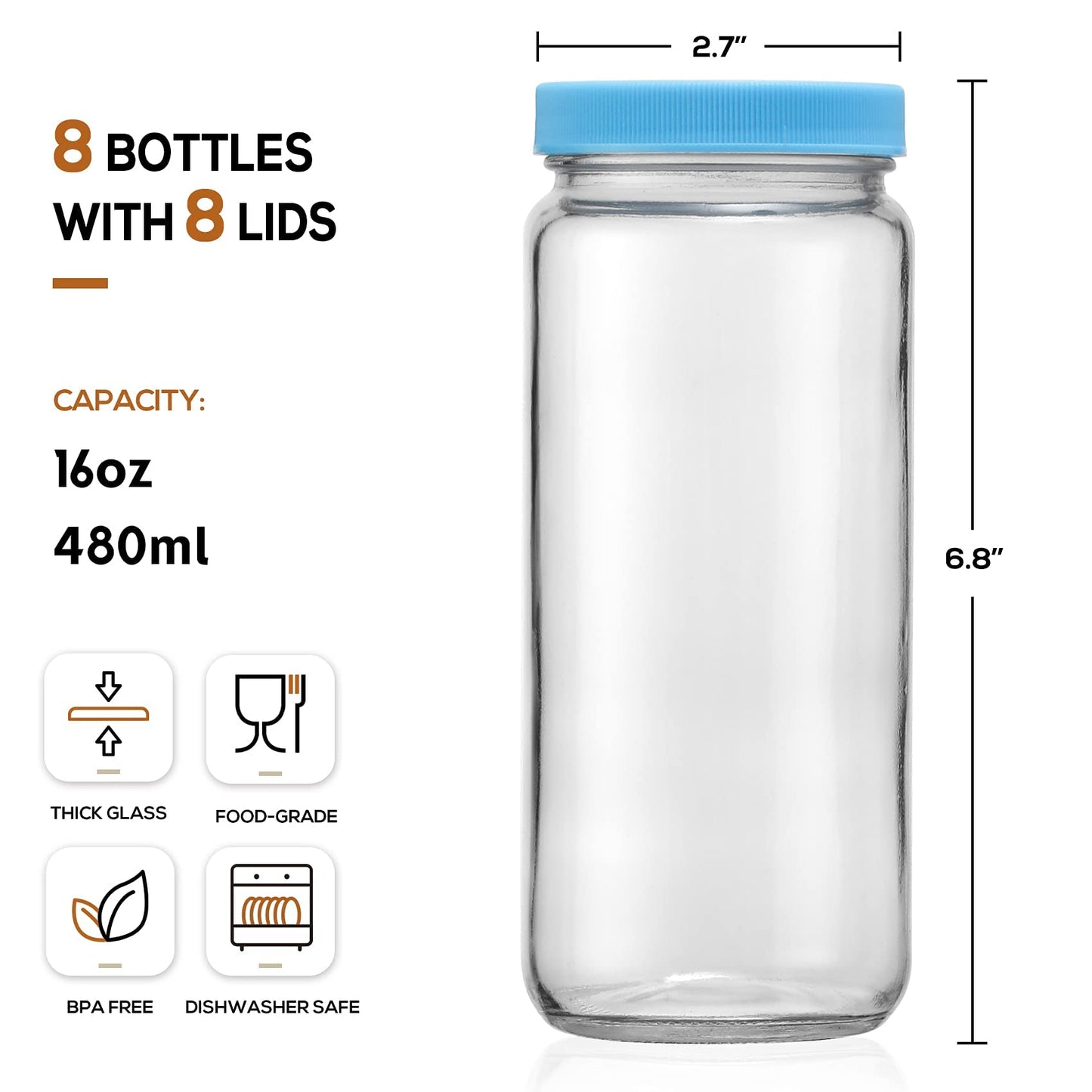 8 Pack Glass Juicing Bottle Drinking Jars with 2 Straws & 2 Lids w Hole- 16 OZ Travel Water Cups with Colored Airtight Lids, Reusable Tall Mason Jar for Juice, Bubble Tea, Smoothie, Tea, Kombucha