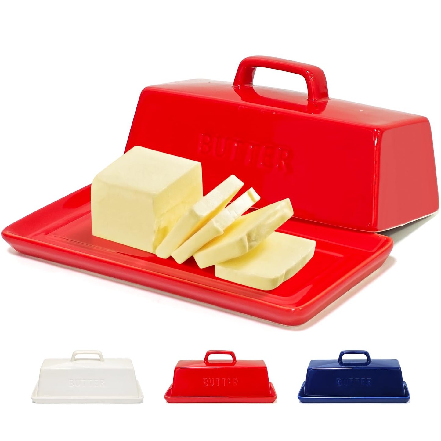 Gute Butter Dish with Lid for Countertop, Covered Ceramic Butter Dish, Butter Tray Storage for 1 Stick of Butter, Butter Keeper Container with Handle for Kitchen, Red