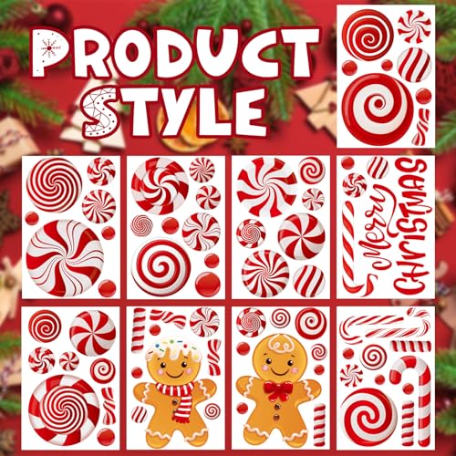AUGSUN 9 Sheets Christmas Window Clings, Candy Cane Decorations Indoor, Xmas Red Peppermint Wall Stickers Decal for Home Party Decor Supplies
