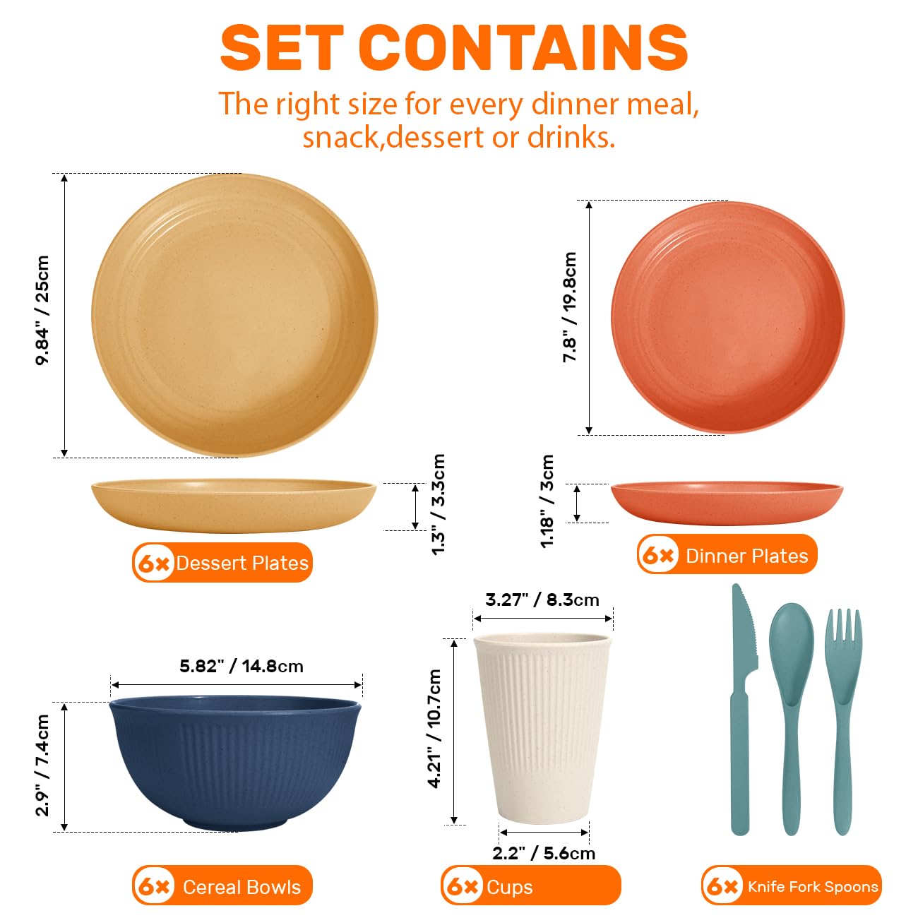 Wheat Straw Dinnerware Sets for 6 (42pcs), SGAOFIEE Unbreakable Dinnerware Set, Kitchen Plates and Bowls Set, Unbreakable Plastic Outdoor Camping Dishes, Dishwasher Microwave Safe, Autumn Multicolor