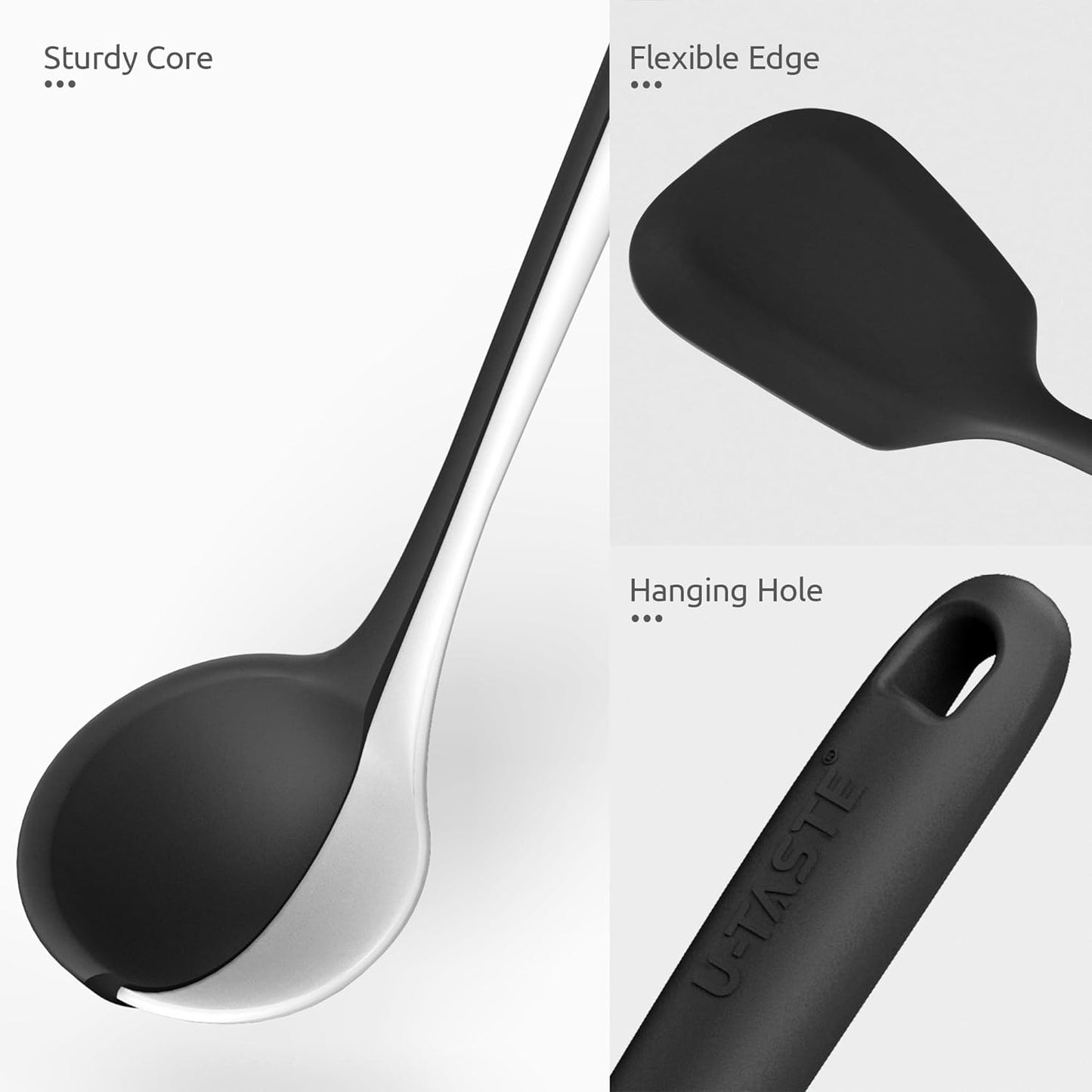 U-Taste Silicone Kitchen Utensil Set - High Heat Resistant, BPA Free, Non-Stick Cooking Tools (5 Pieces, Black)