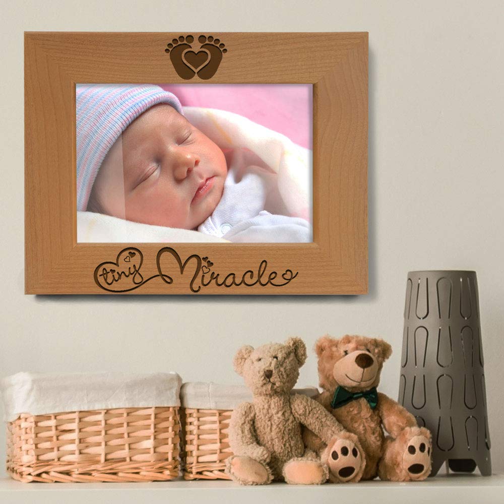 KATE POSH - Tiny Miracle Engraved Natural Wood Picture Frame, New Baby, New Dad & Mom, Parents Gift, Ultrasound, Sonogram, Baby Announcement