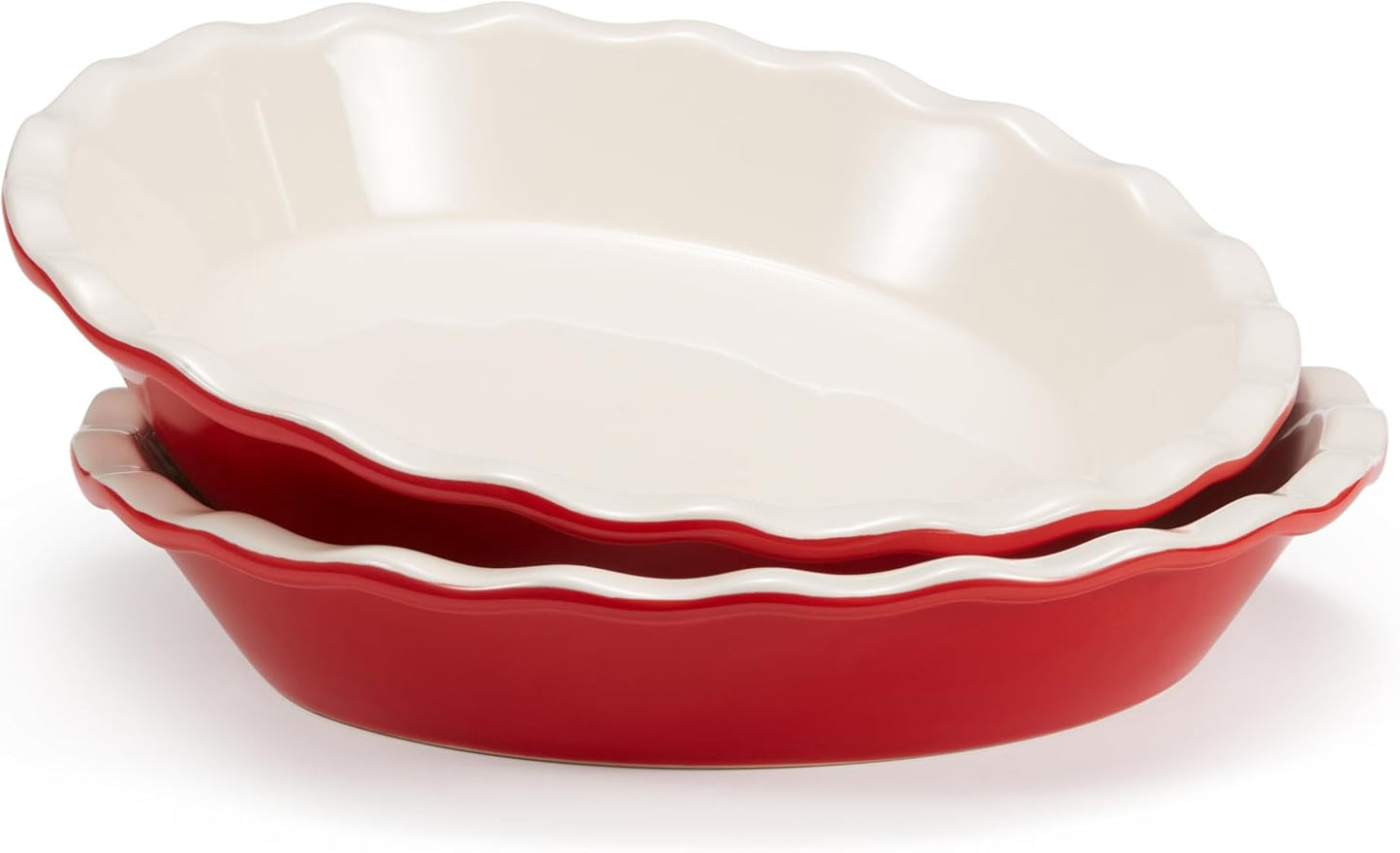 KooK Ceramic Pie Pan Set - 9-Inch Reusable Round Baking Dish with Wave Edge | Microwave & Oven Safe, Cherry